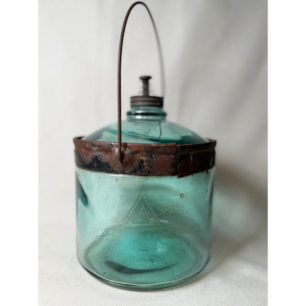 Antique Cleveland Metal Products Aqua Glass Kerosene Oil Font Jar 1919 Patented